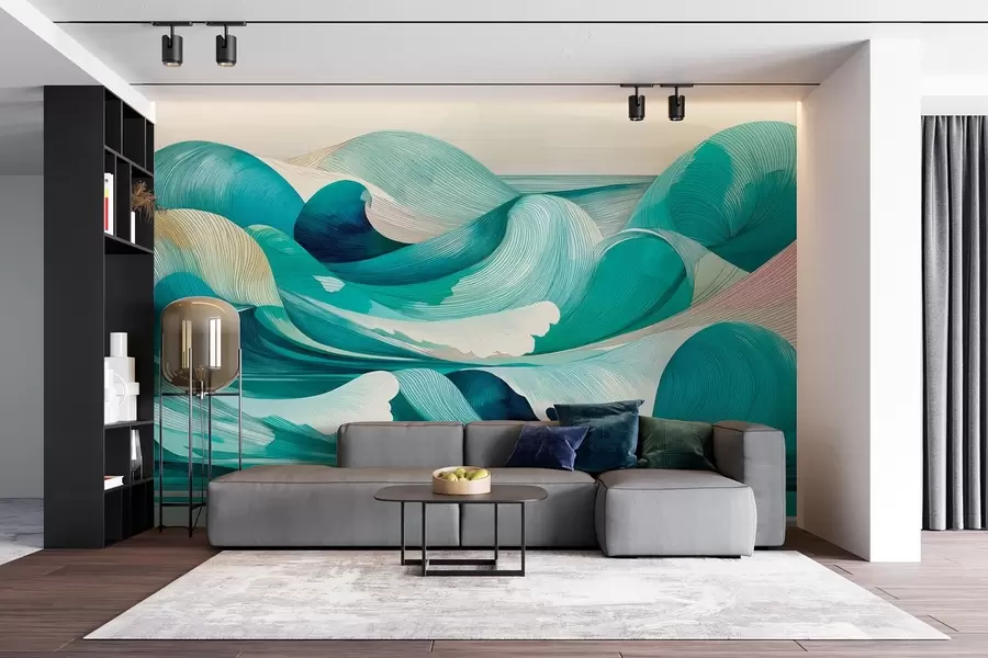 peintures murales Vagues avec lignes en bleu et turquoise w09078