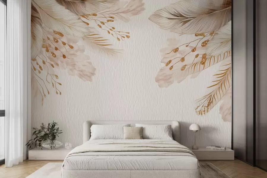 murais de parede Erva-dos-pampas e penas em estilo aguarela em bege e branco sobre papel w09079