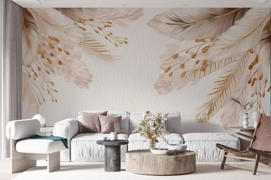 murais de parede Erva-dos-pampas e penas em estilo aguarela em bege e branco sobre papel w09079
