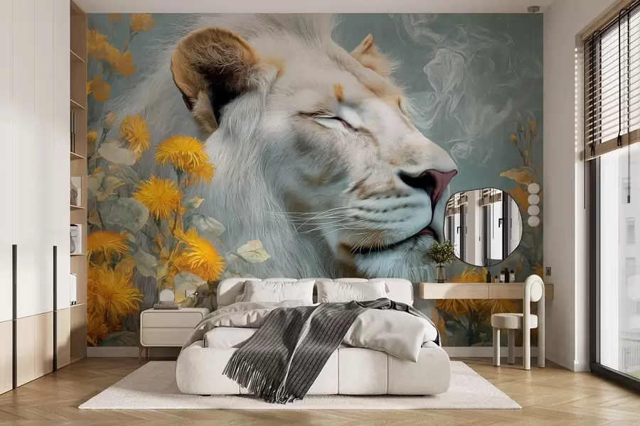 Wall Mural Photo Wallpaper A white lion surrounded by yellow flowers and smoke w09080