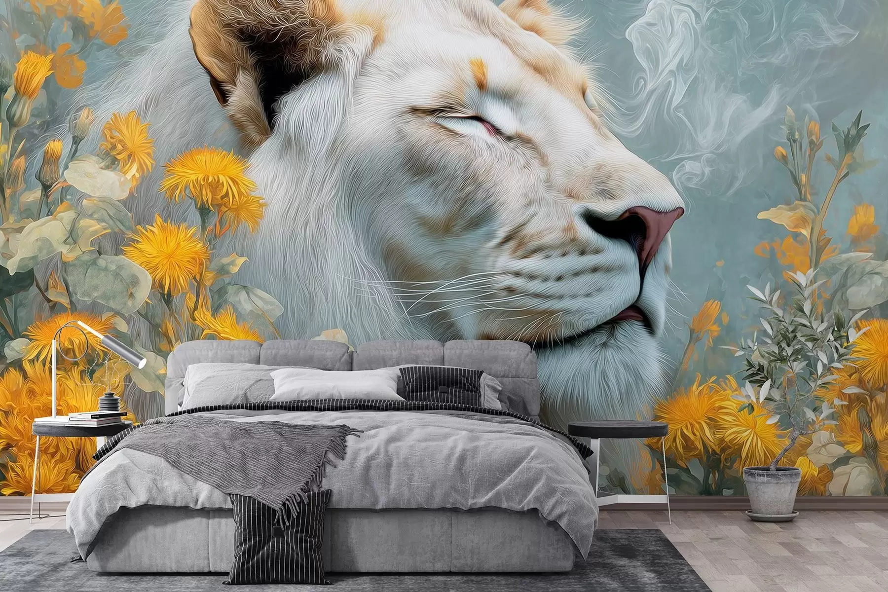 wall murals A white lion surrounded by yellow flowers and smoke w09080