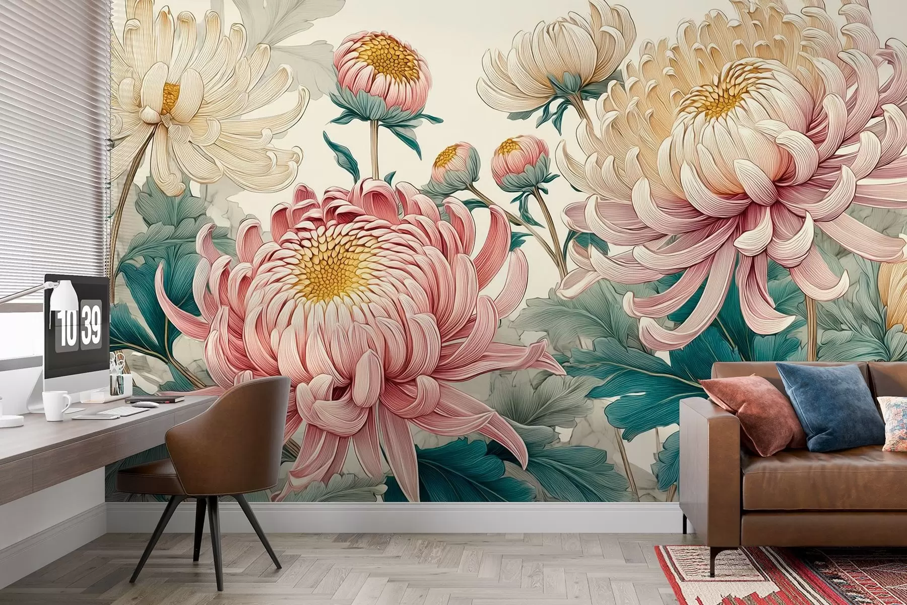Wall Mural Photo Wallpaper Intricate painting of white and pink chrysanthemums w09081