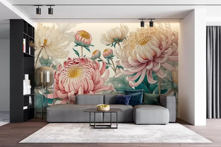 wall murals Intricate painting of white and pink chrysanthemums w09081