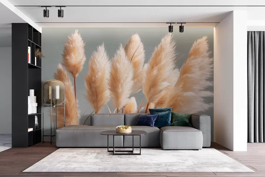 wall murals Beige pampas grass on a blue-gray background w09083