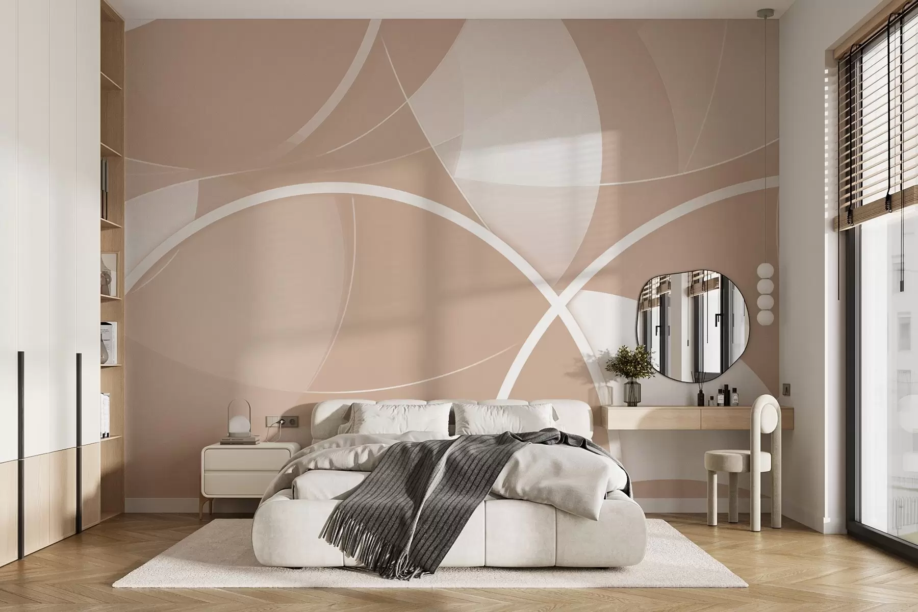 murales Abstracción geométrica en tonos beige y rosa con círculos y semicírculos w09085