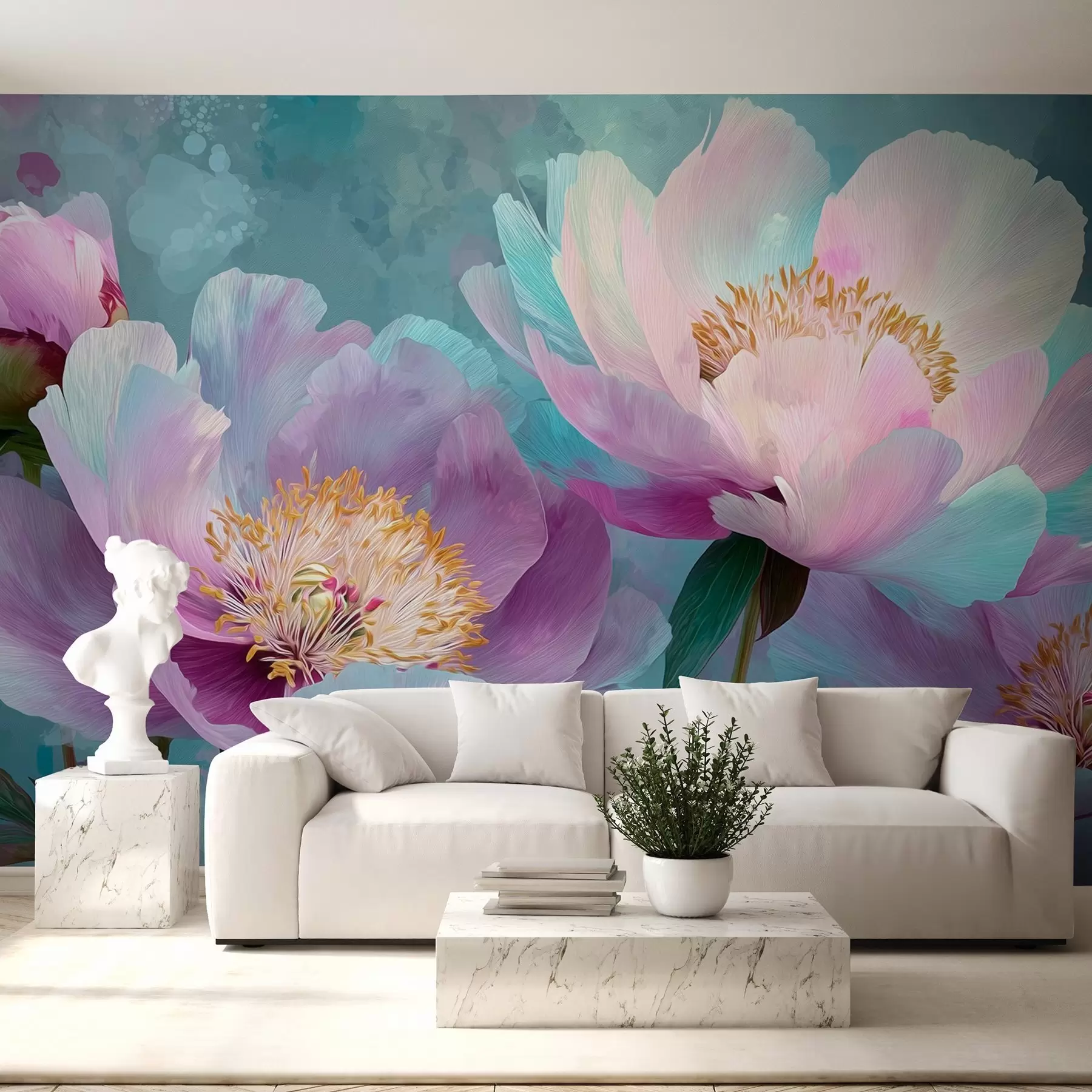 peintures murales Pivoines colorées dans les tons bleus et violets w09087