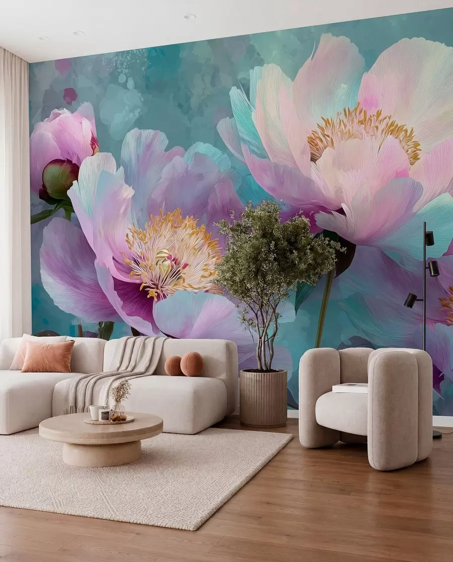 wall murals Colorful peonies in blue and purple shades w09087