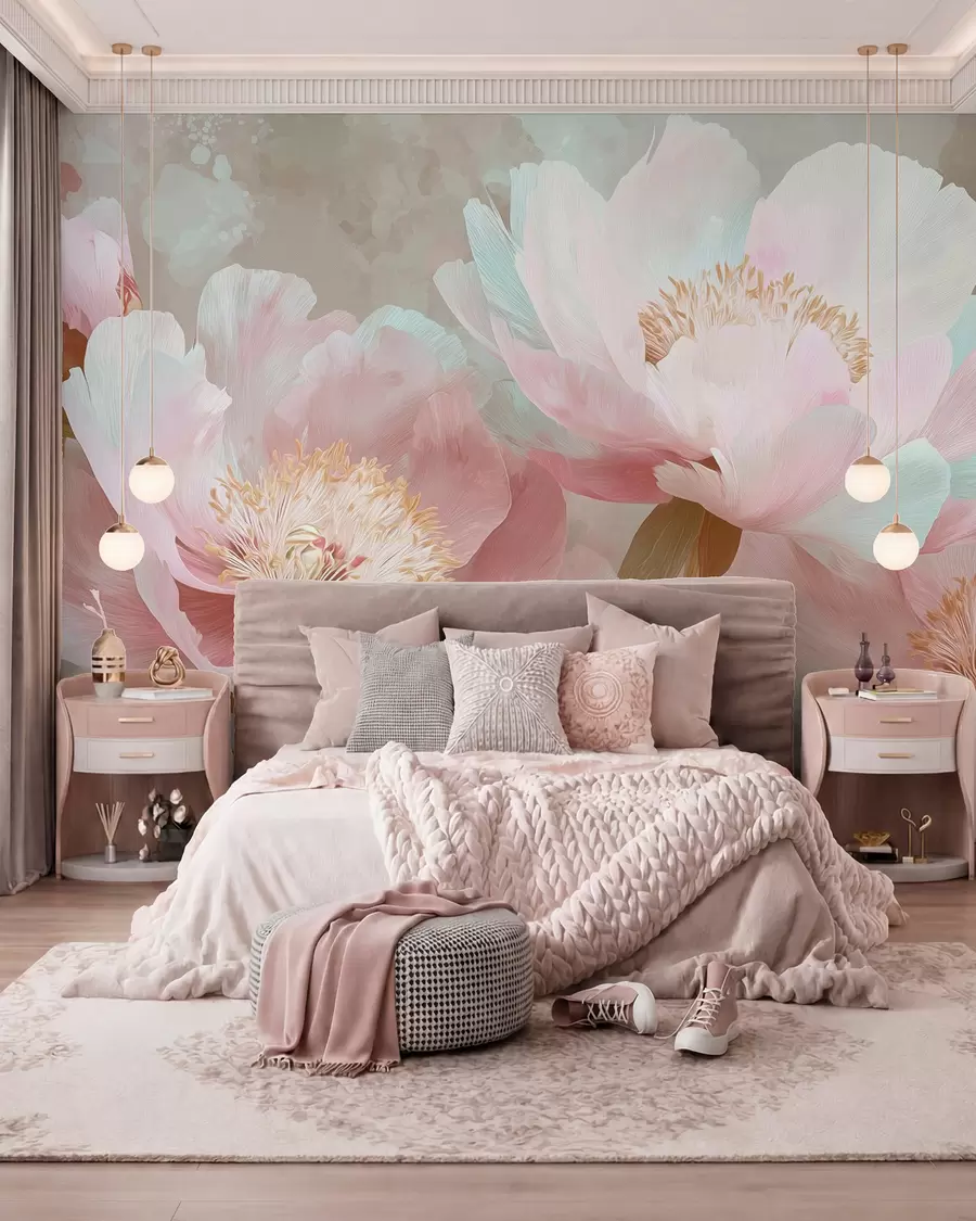 wall murals Delicate peonies in pink and beige tones w09087v1