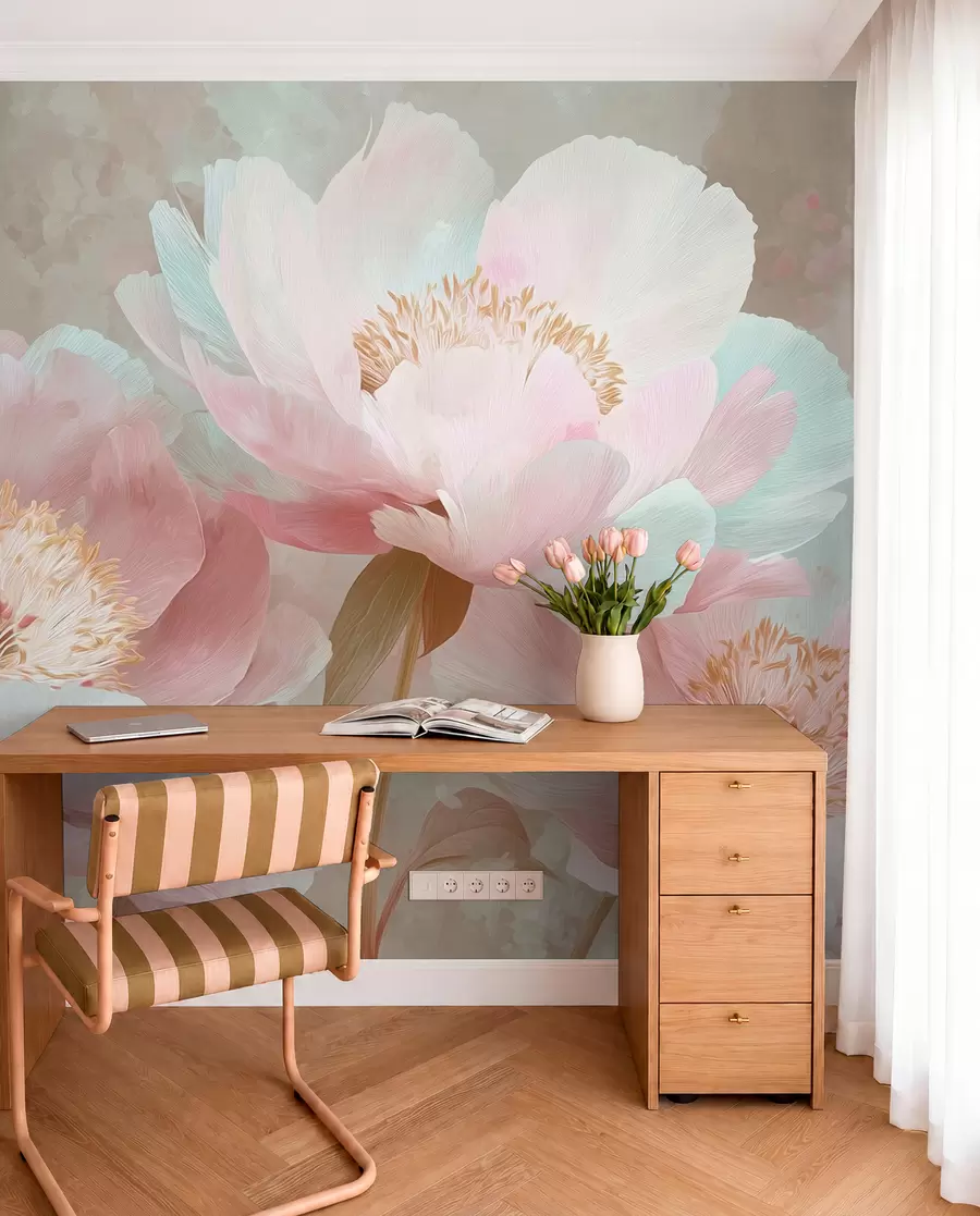 wall murals Delicate peonies in pink and beige tones w09087v1