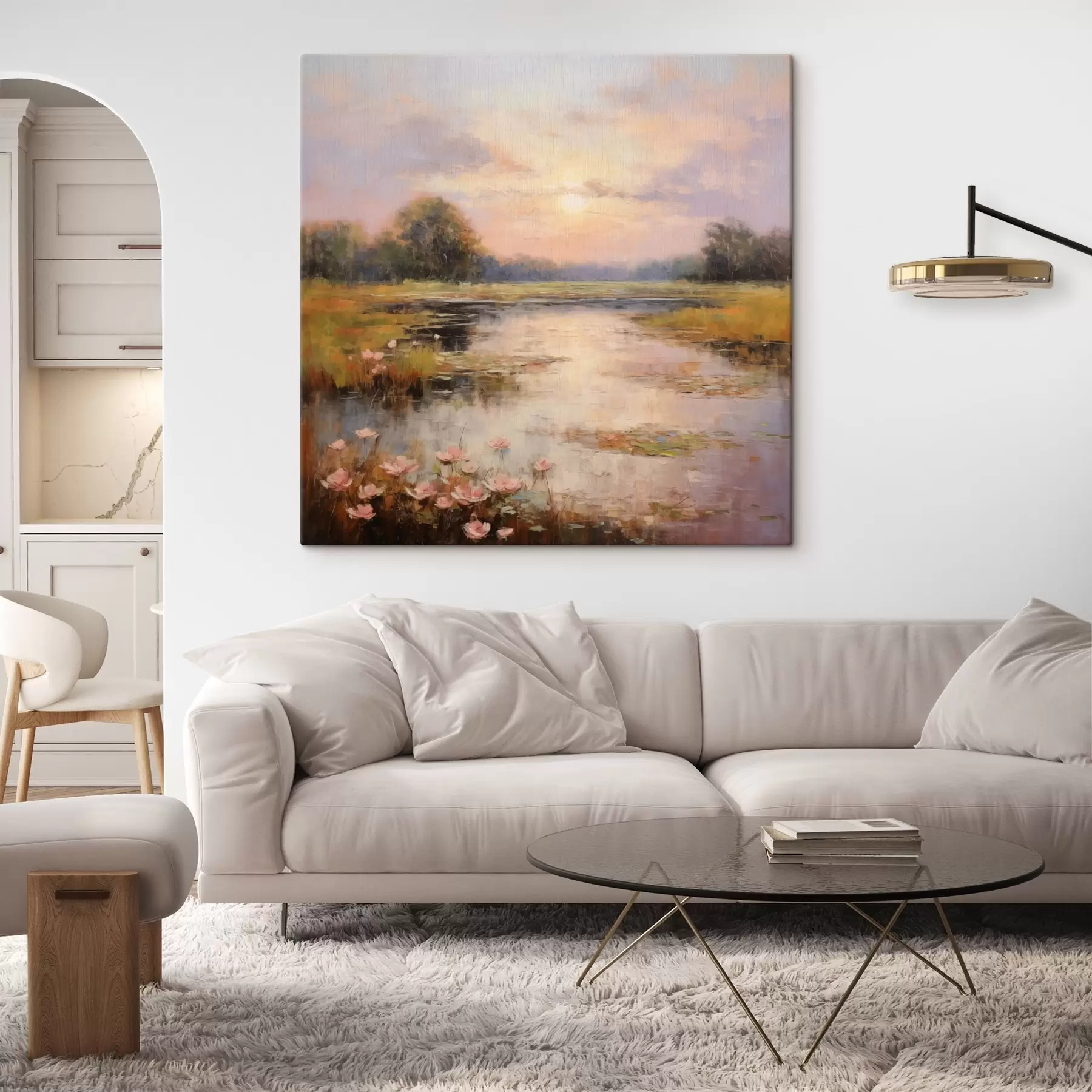 wall murals Waterbody with flowers at sunset s44044