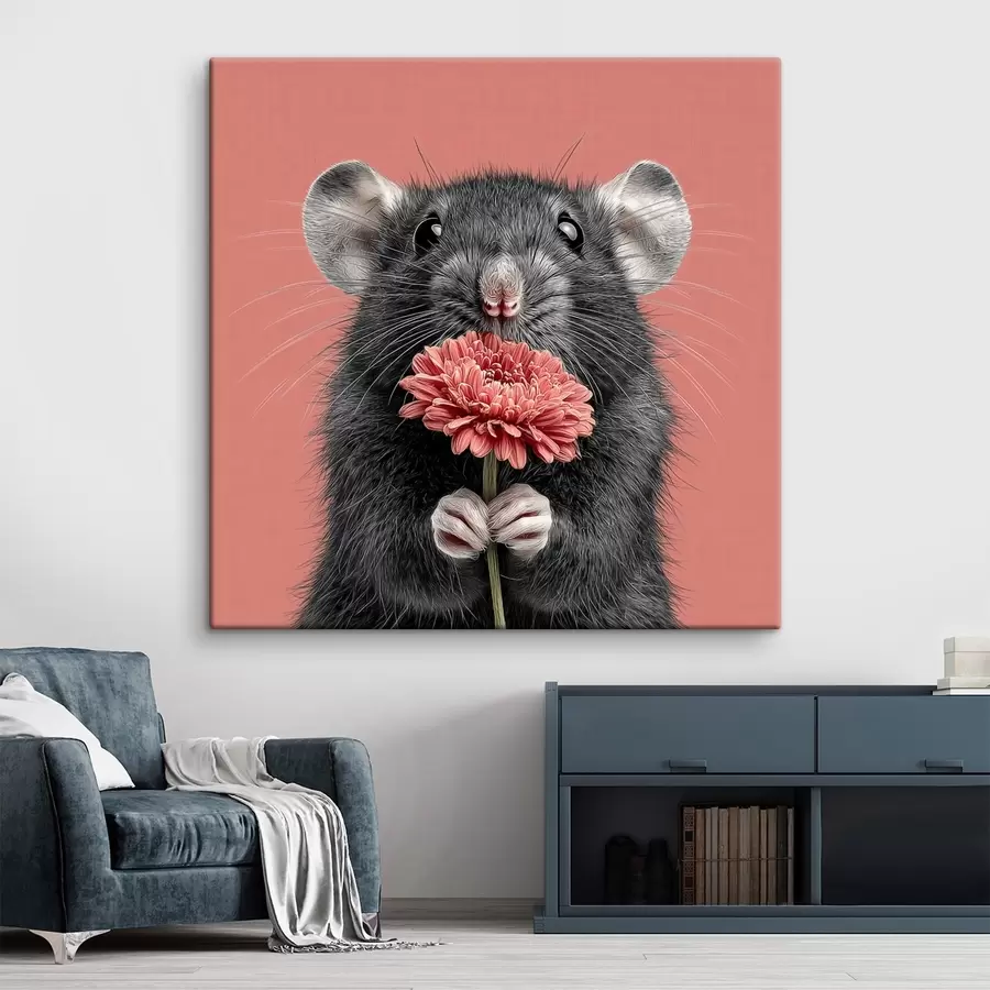 wall murals Curious rat with a pink gerbera in a minimalist style s44241