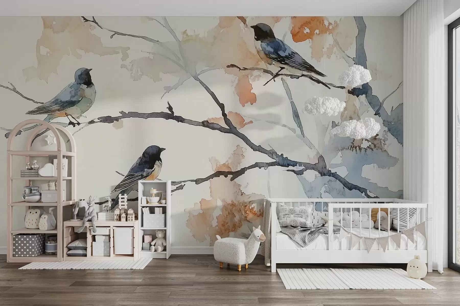 Wall Mural Photo Wallpaper Birds on tree branches in watercolor style w09064