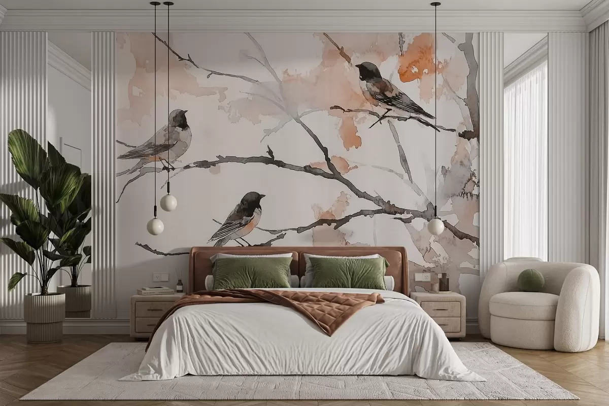 wall murals Birds on tree branches in watercolor style w09064v2