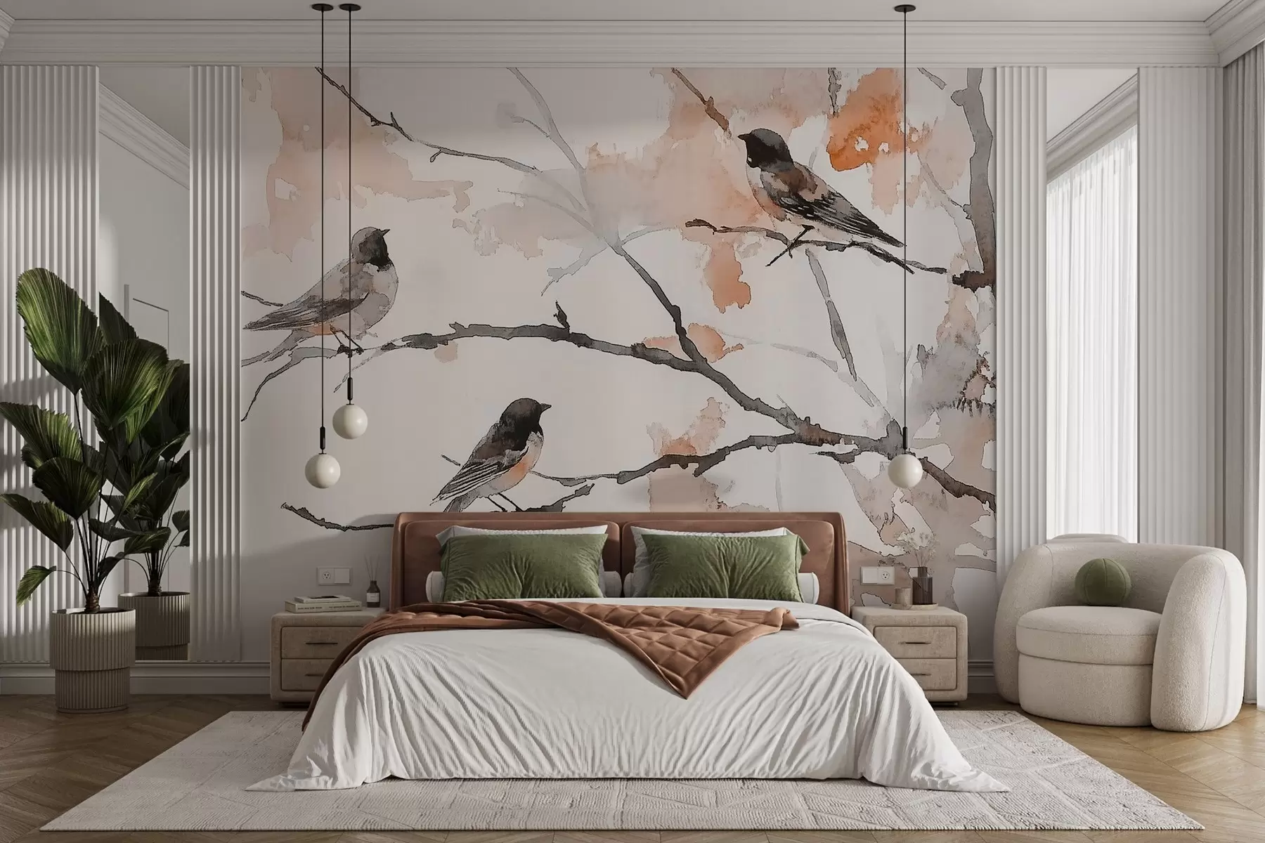 Wall Mural Photo Wallpaper Birds on tree branches in watercolor style w09064v2