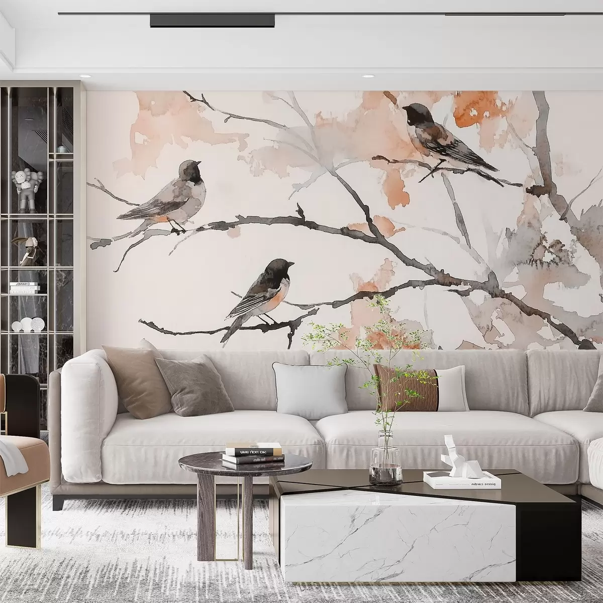 Wall Mural Photo Wallpaper Birds on tree branches in watercolor style w09064v2
