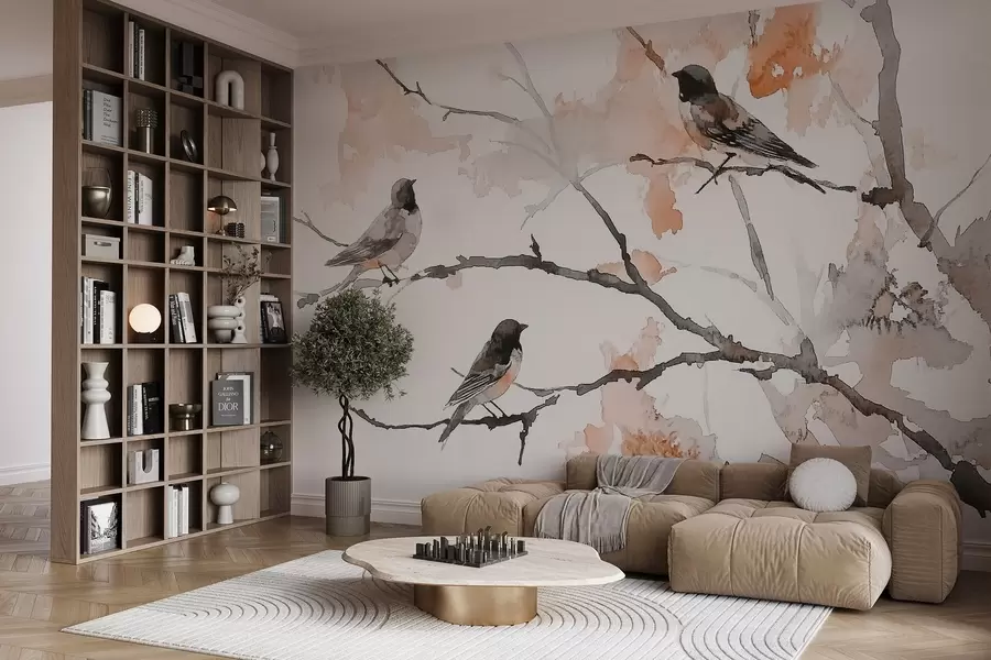 Wall Mural Photo Wallpaper Birds on tree branches in watercolor style w09064v2
