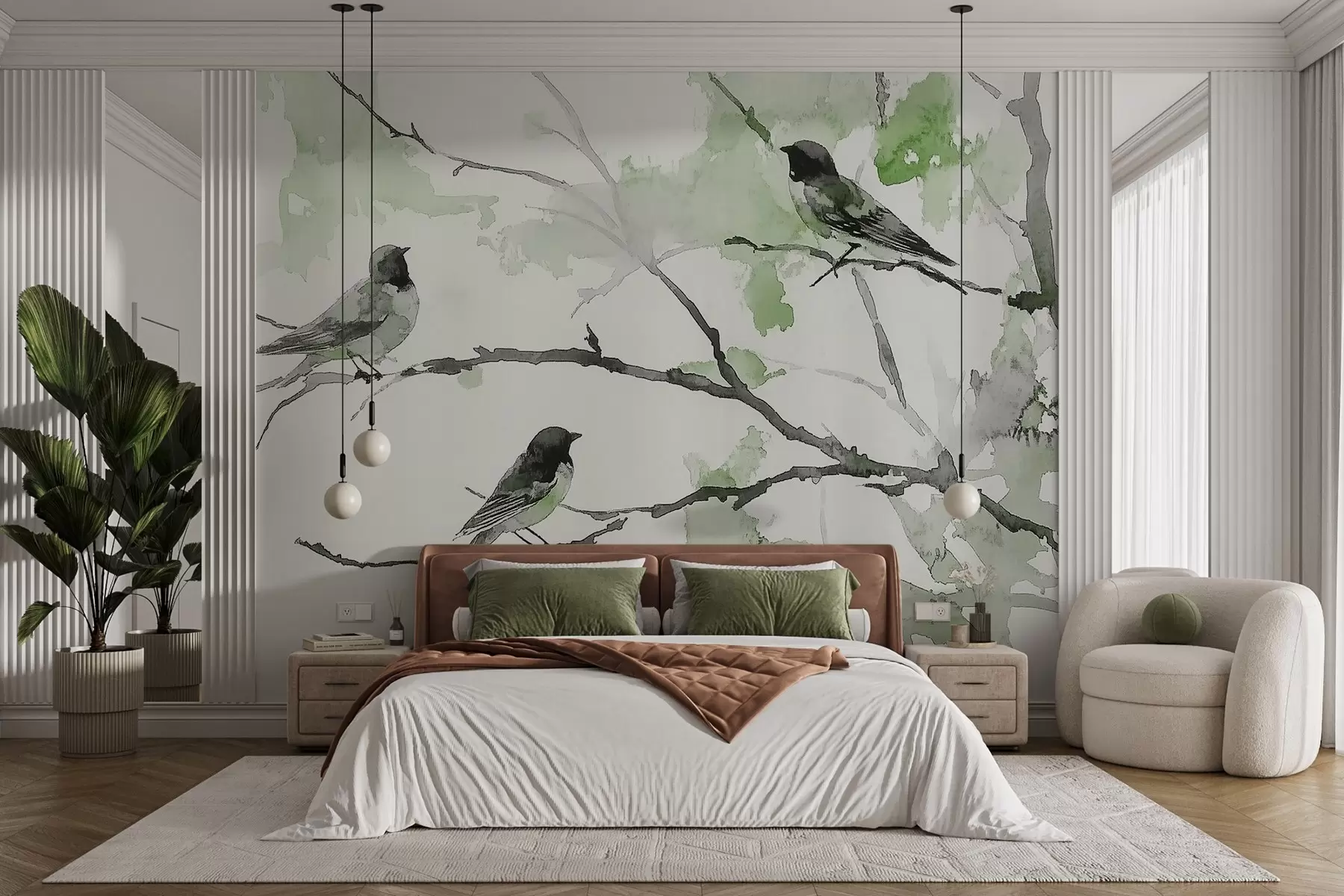 peintures murales Oiseaux sur des branches d'arbre en style aquarelle w09064v3
