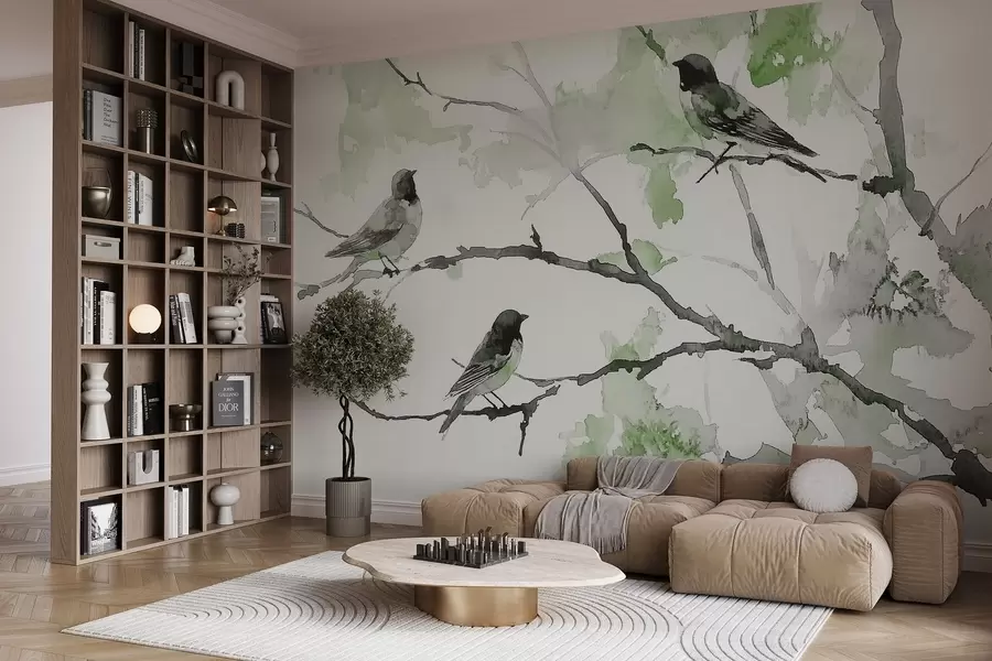 peintures murales Oiseaux sur des branches d'arbre en style aquarelle w09064v3