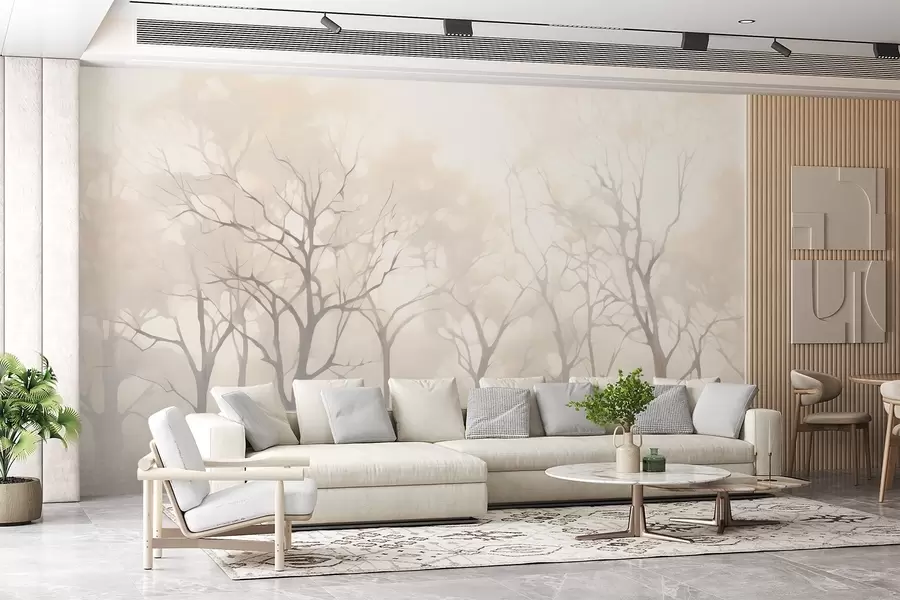 wall murals Monochrome vintage trees in fog w09065