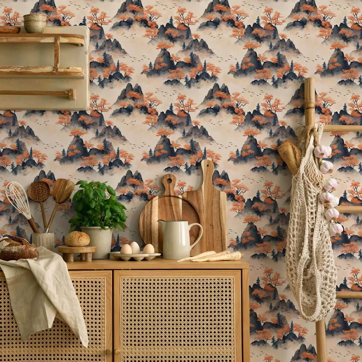 Papier peint Montagnes d'automne dans le brouillard avec des arbres et des oiseaux orange a00104