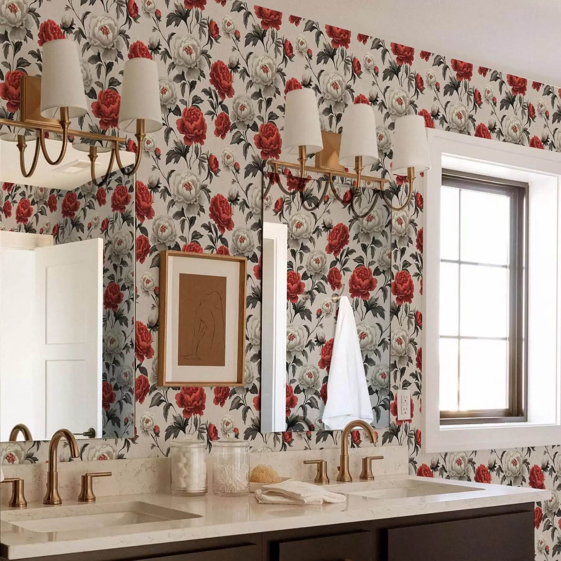 Wall Mural Photo Wallpaper Peonies in retro style on a beige background a00107