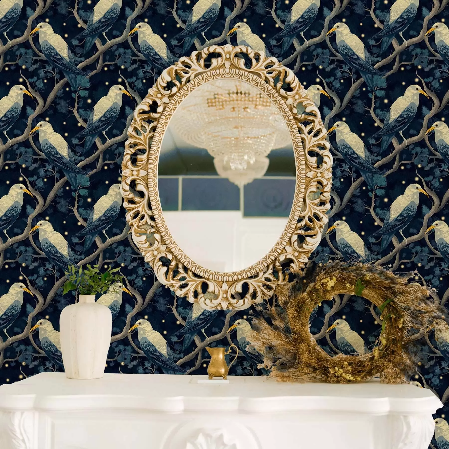 murales Pájaros blancos en las ramas entre luciérnagas brillantes en el bosque nocturno a00109