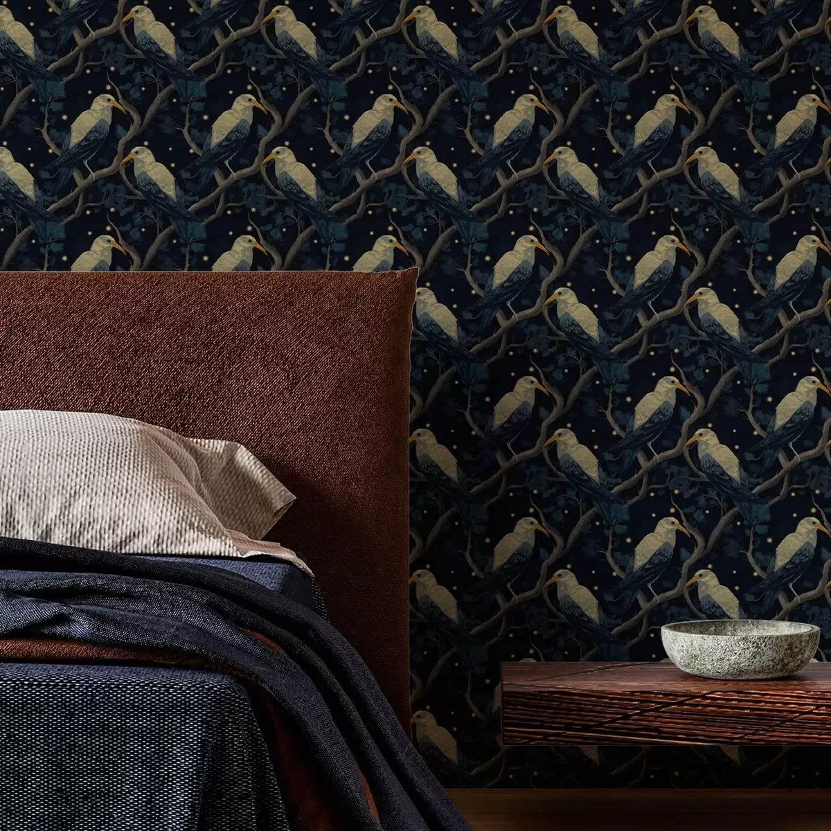 Wallpaper Night birds on branches and stars on a dark blue background a00109v1