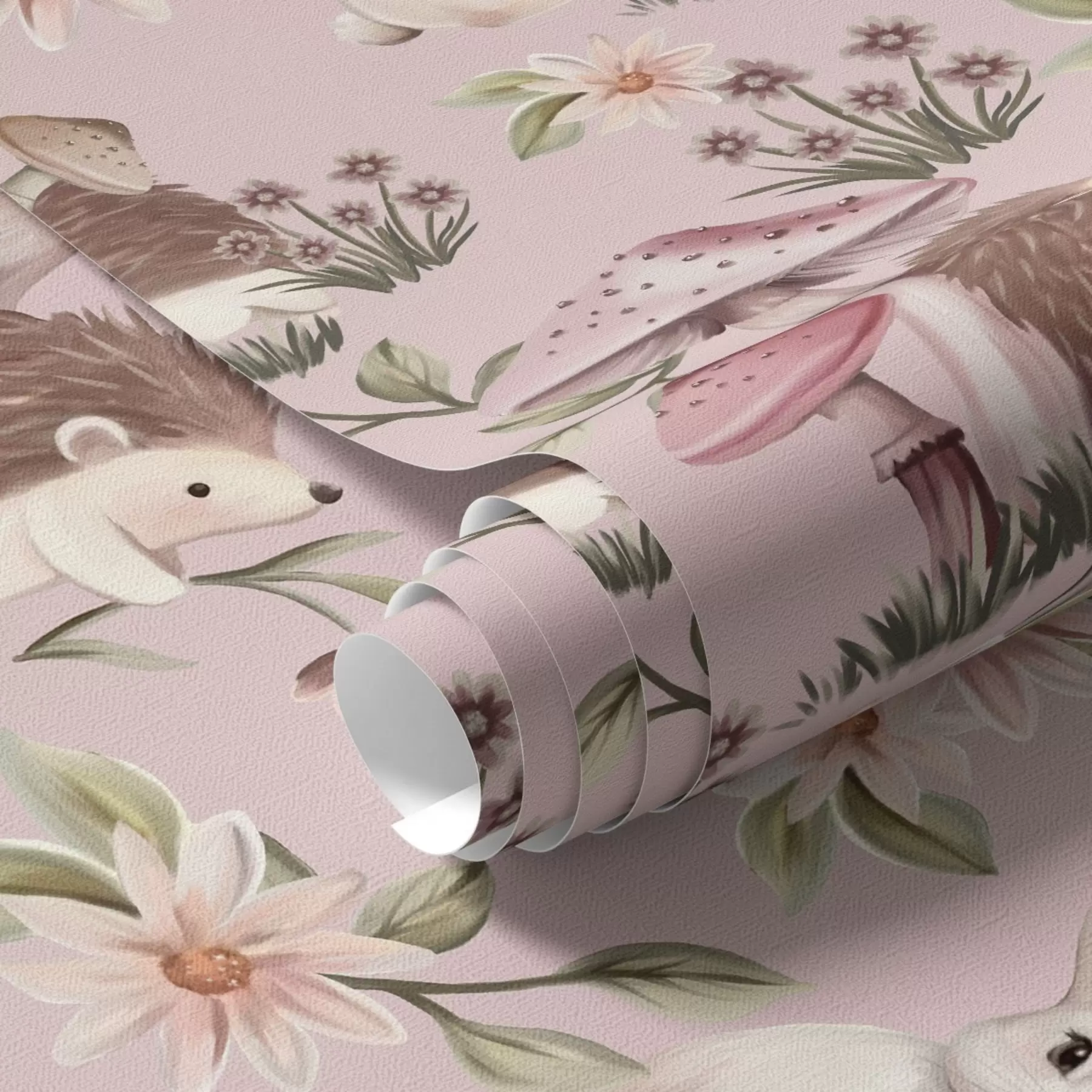 peintures murales Hérissons, lapins et fleurs de style conte de fées parmi des champignons sur fond rose a00111