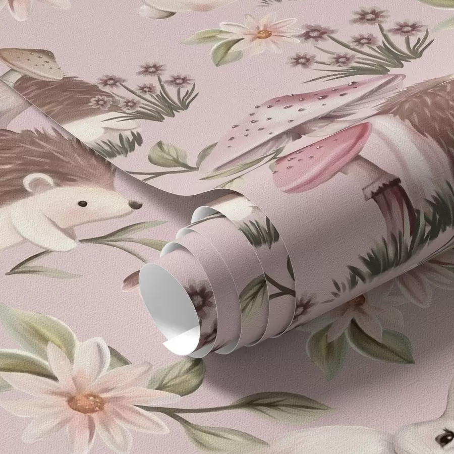 Wall Mural Photo Wallpaper Fairy-tale style hedgehogs, rabbits and flowers among mushrooms on pink background a00111