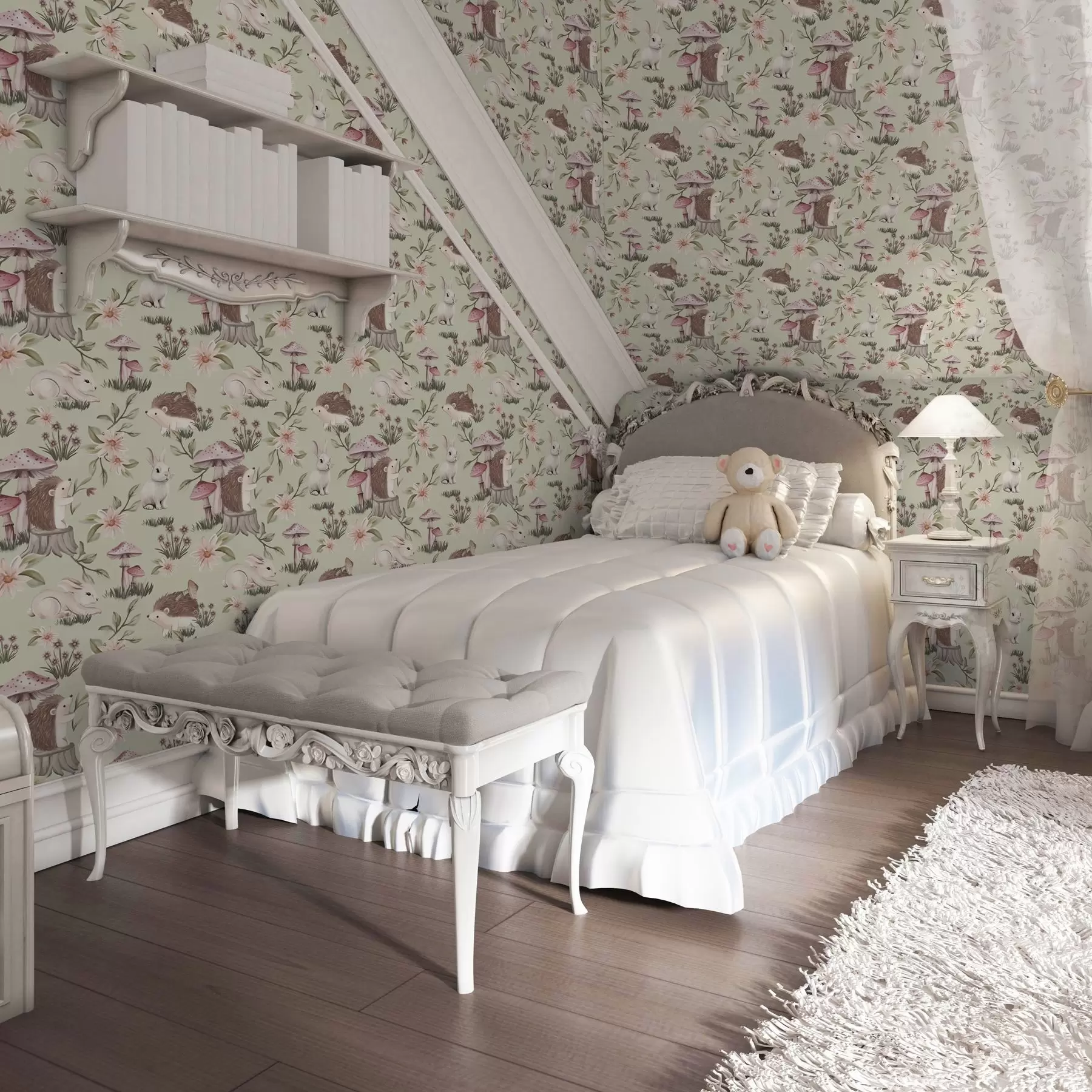 Wall Mural Photo Wallpaper Fairy-tale animals and flowers on a green background in delicate pastel colours a00111v1