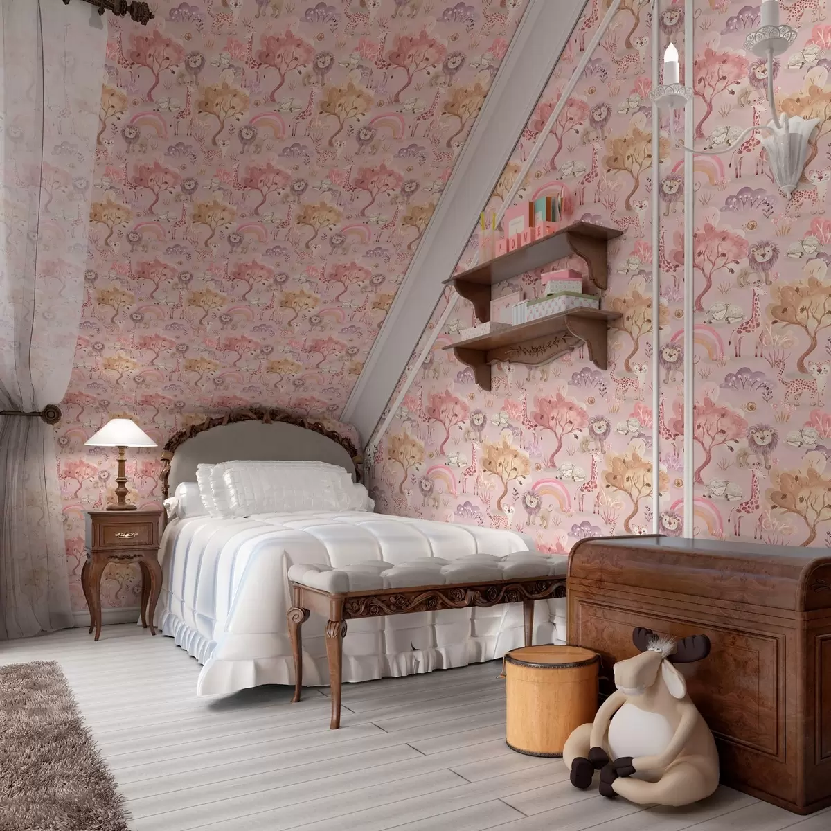 Wallpaper Lion cubs, giraffes and rainbows in a pastel forest a00112