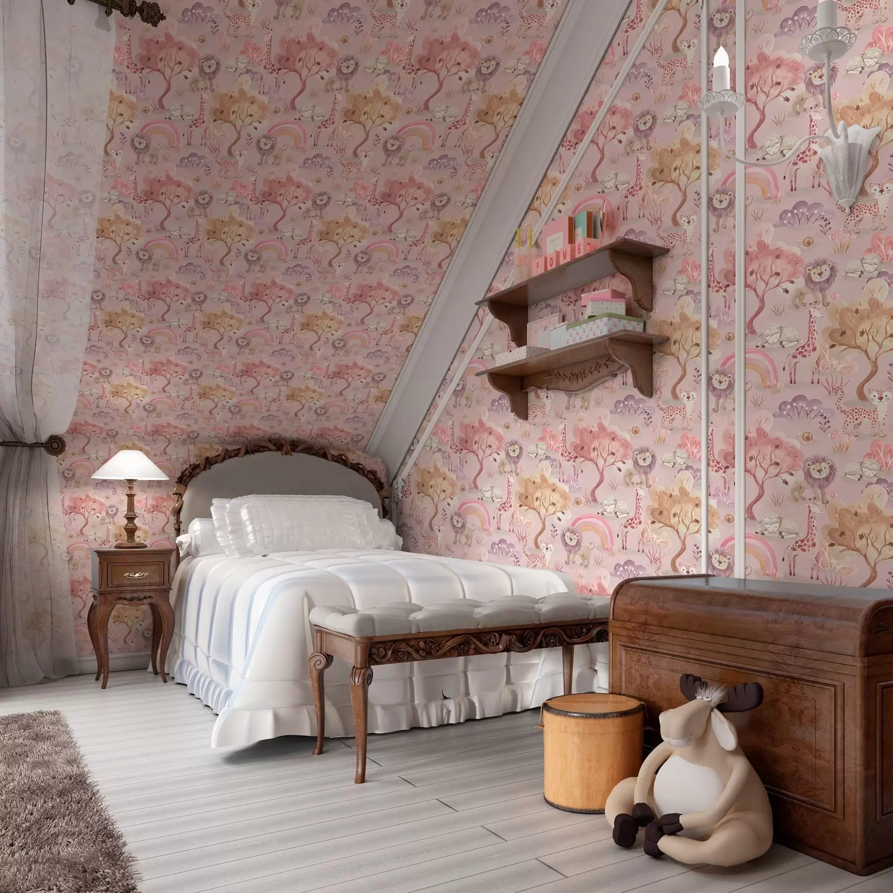 Wall Mural Photo Wallpaper Lion cubs, giraffes and rainbows in a pastel forest a00112