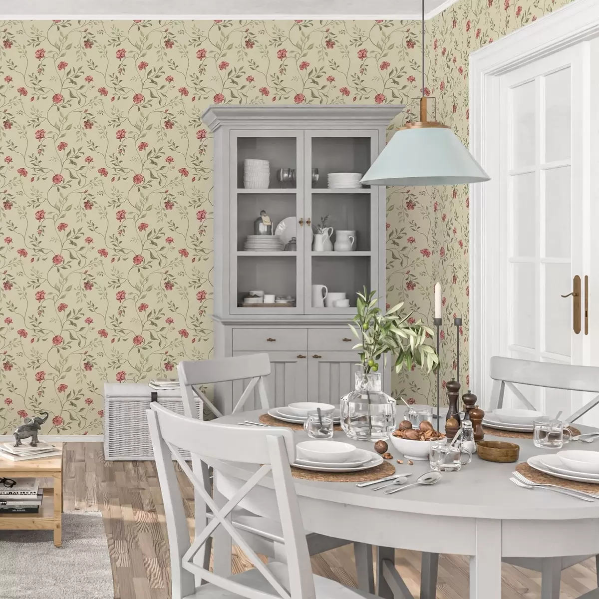 Wallpaper Flowers and red buds on a light background a00114