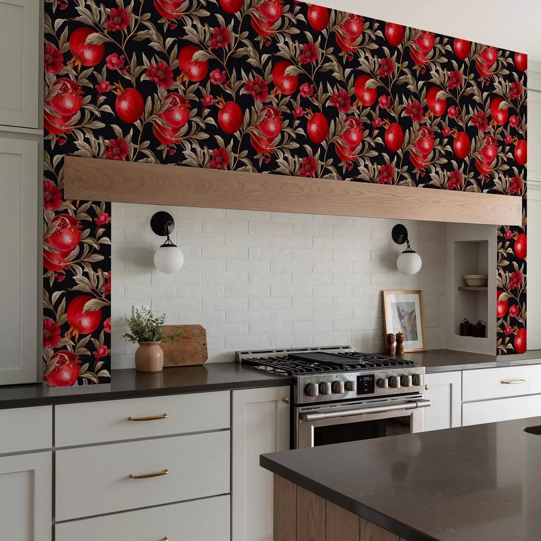 peintures murales Grenades et fleurs sur fond sombre dans un style méditerranéen a00115