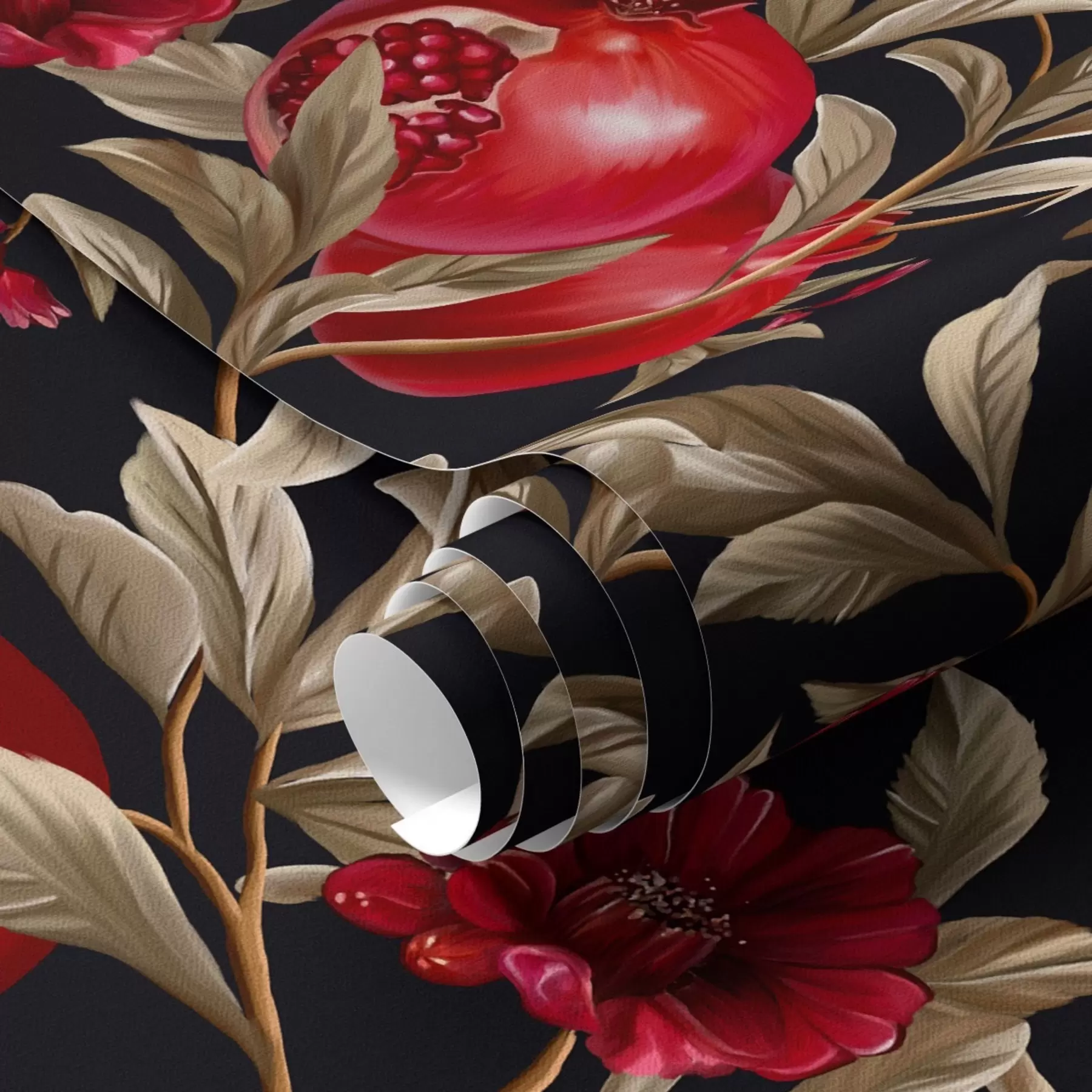 wall murals Pomegranates and flowers on a dark background in Mediterranean style a00115