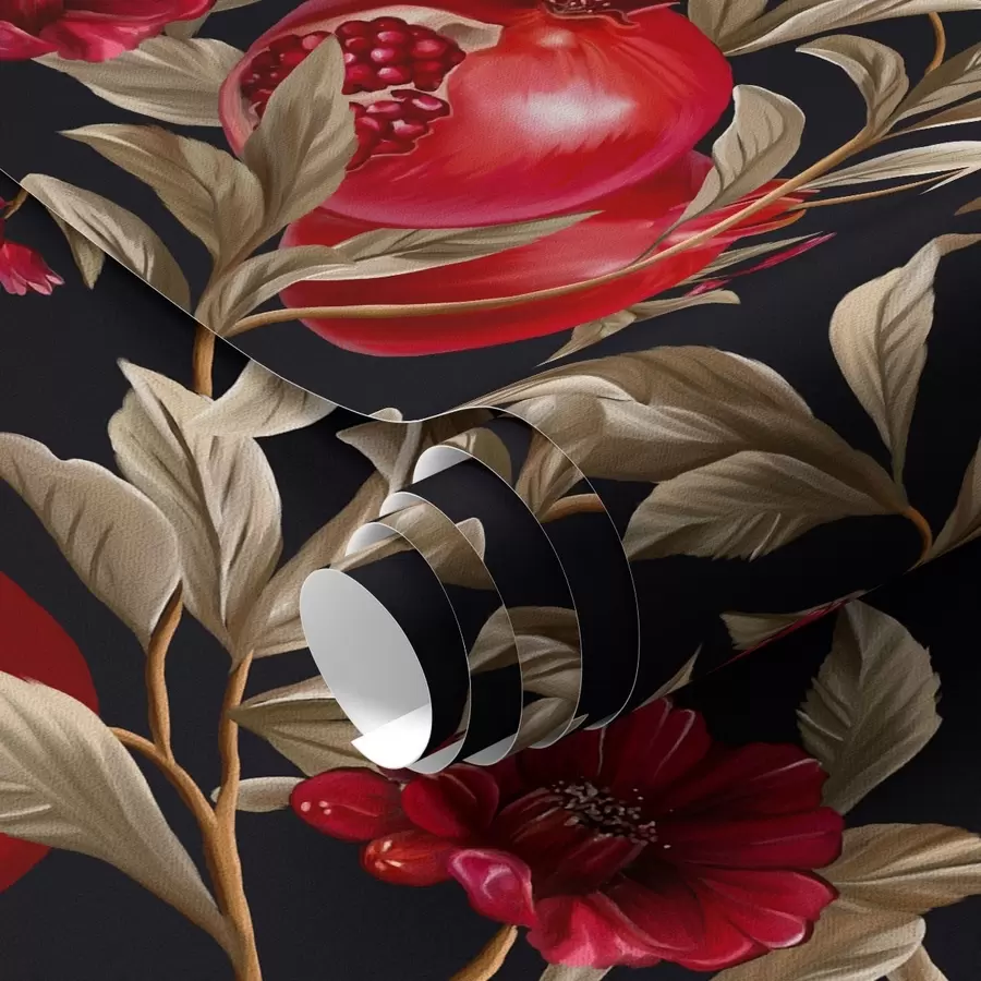 wall murals Pomegranates and flowers on a dark background in Mediterranean style a00115