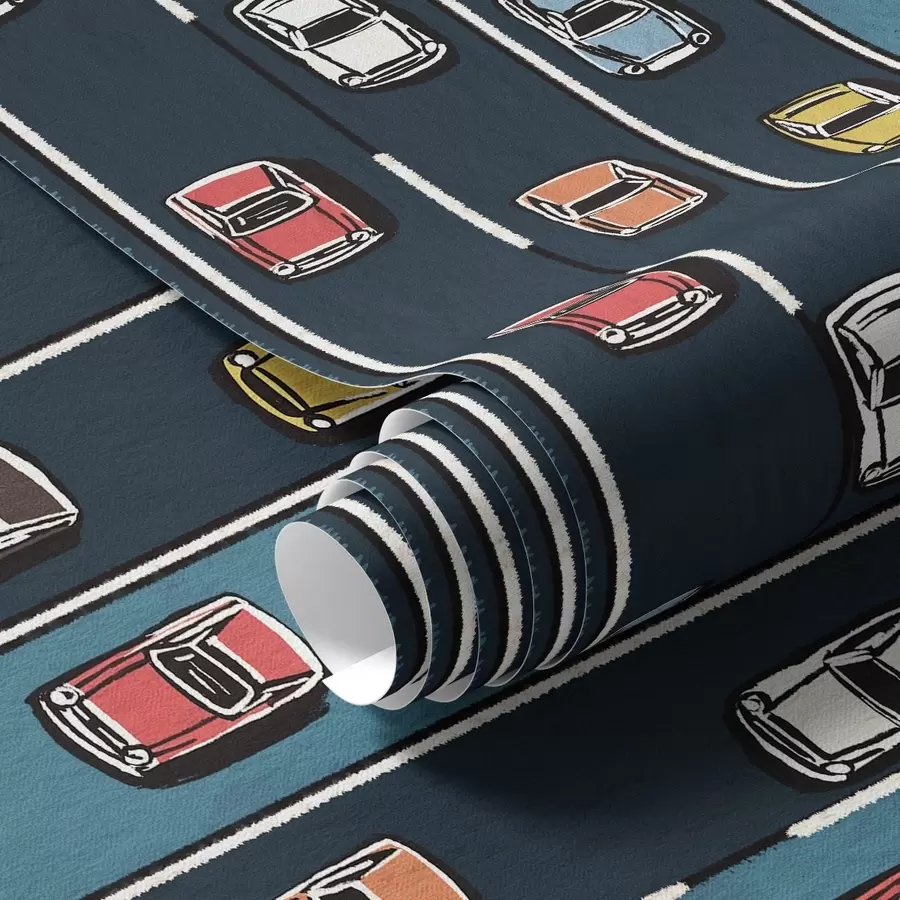 Wall Mural Photo Wallpaper Retro car on navy blue road in 60s style a00118