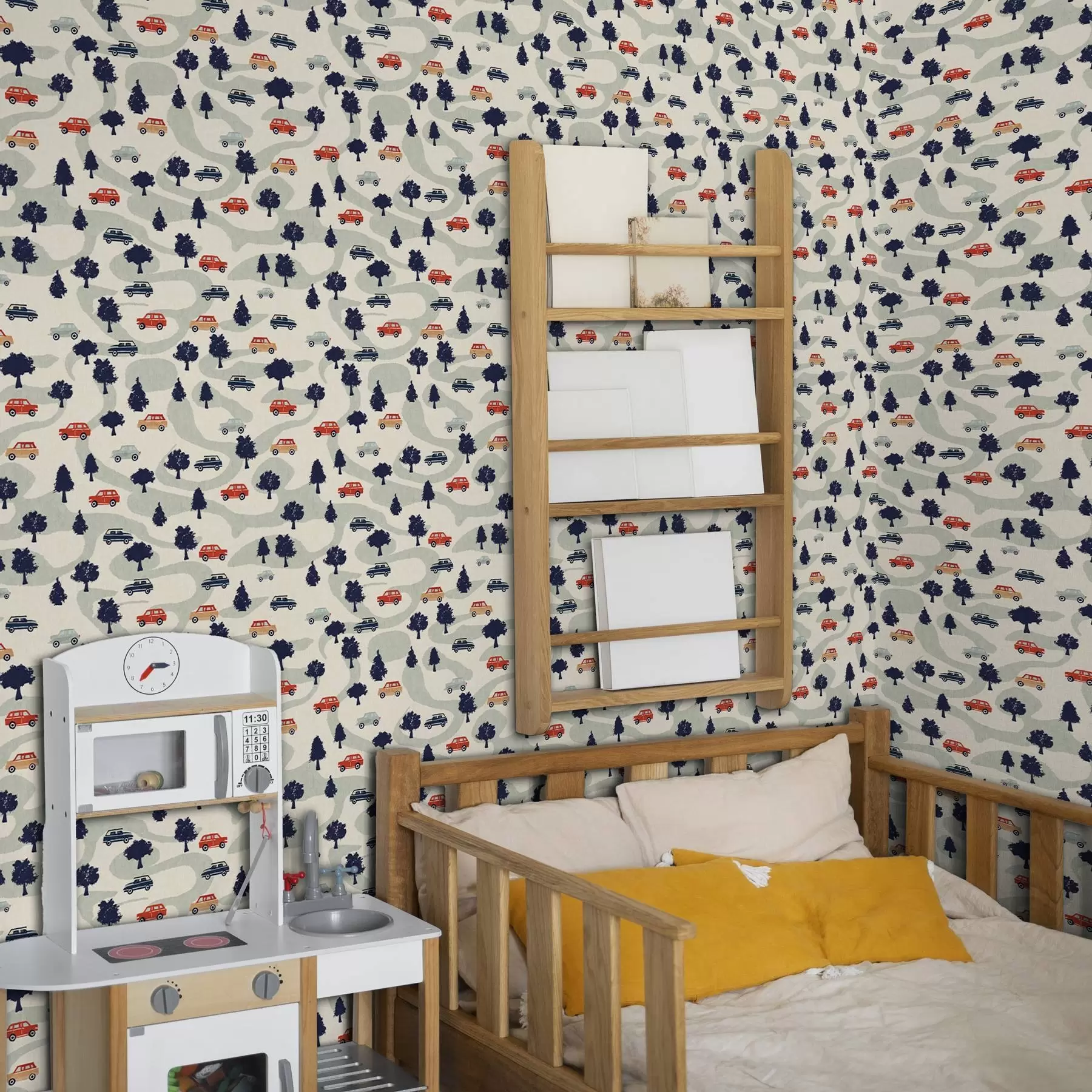 wall murals Funny cars among the trees on a cream background a00119