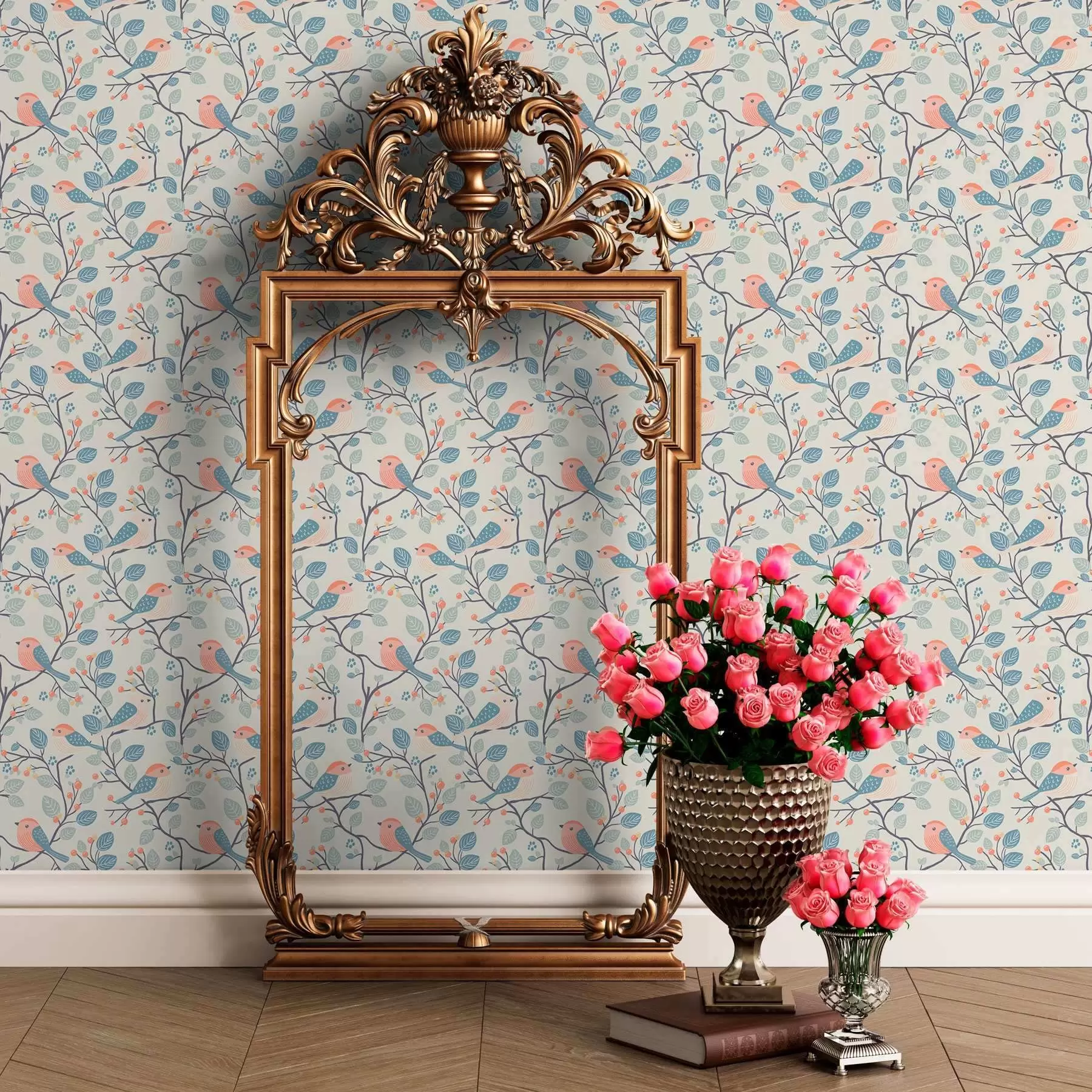 peintures murales Oiseaux et brindilles pastel sur fond clair a00128