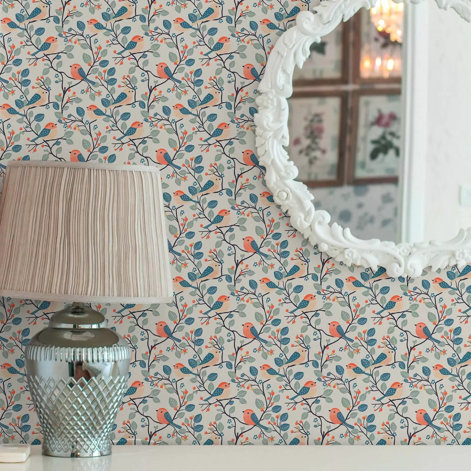 Wall Mural Photo Wallpaper Birds on branches and berries in warm colours a00128v1