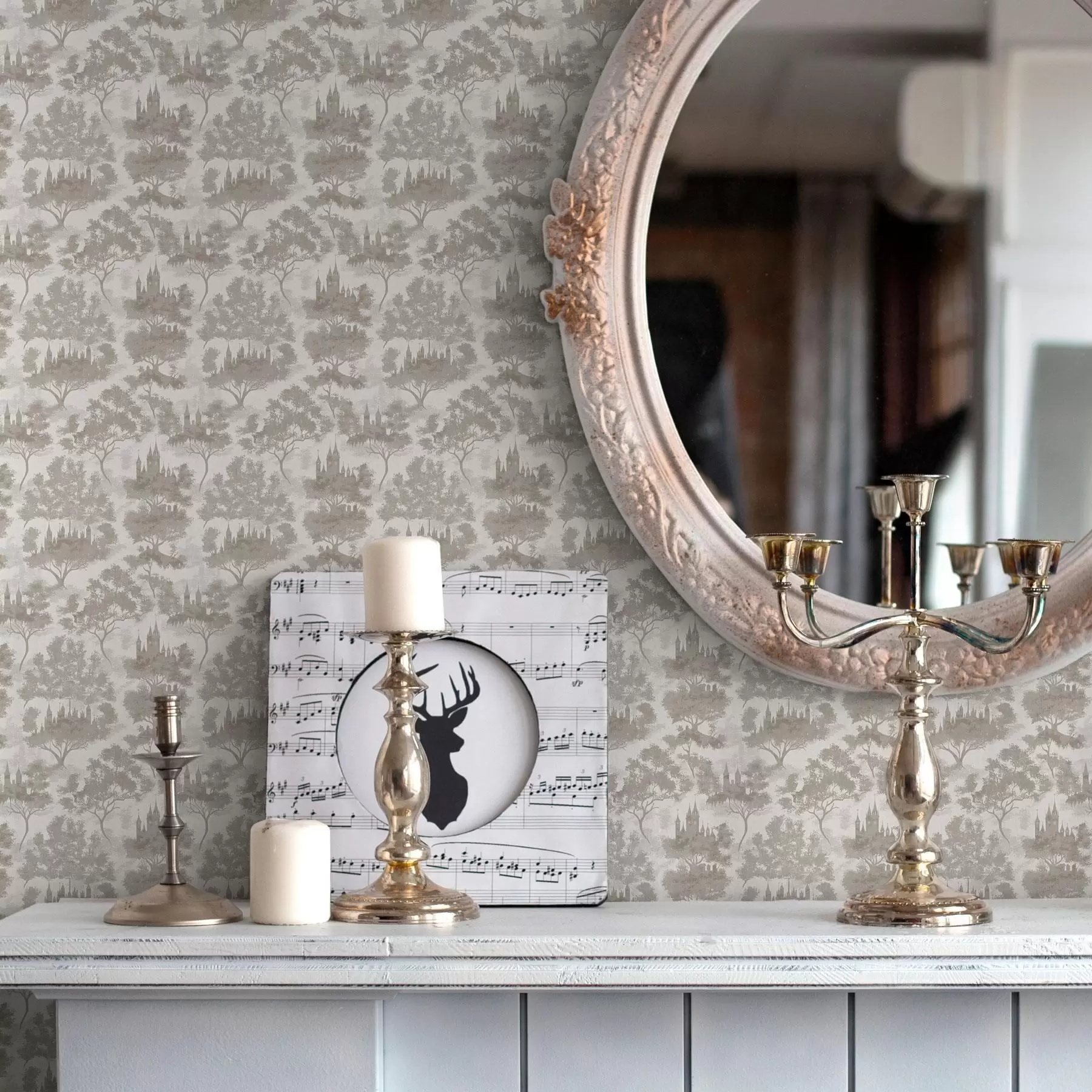 Wall Mural Photo Wallpaper Castle in the forest in grey and beige style a00130