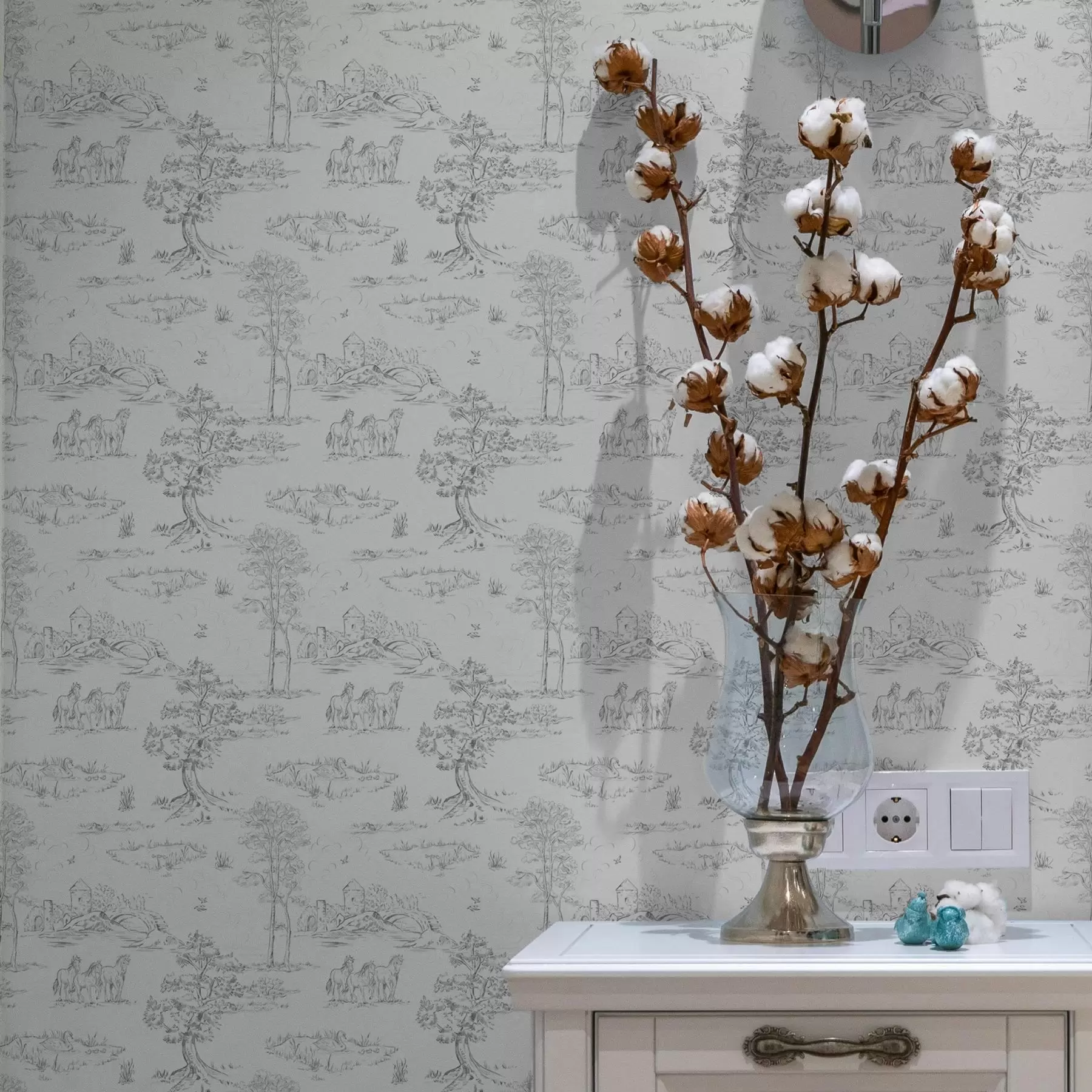 murales Paisaje con caballos en estilo gris y blanco a00133v2