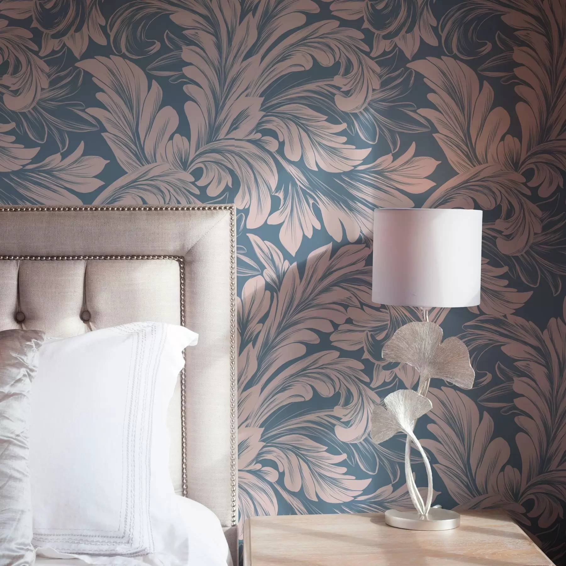 peintures murales Boucles végétales dans les tons crème sur fond bleu et gris a00135v2