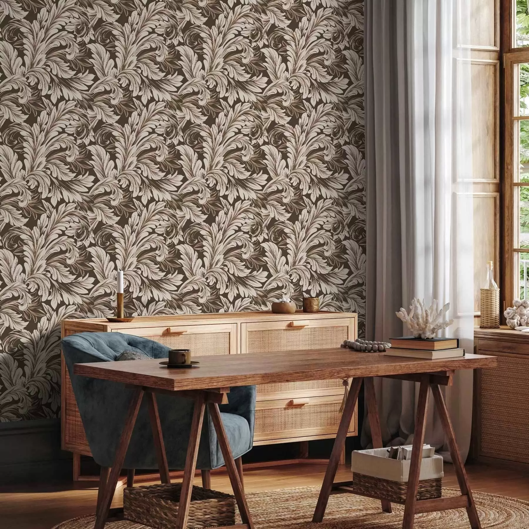 peintures murales Motif baroque de feuilles sur fond sombre a00135v5