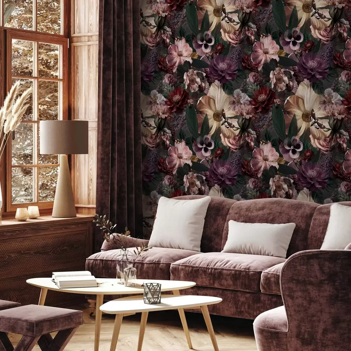 Papel pintado Estampado floral artístico en colores oscuros a00147