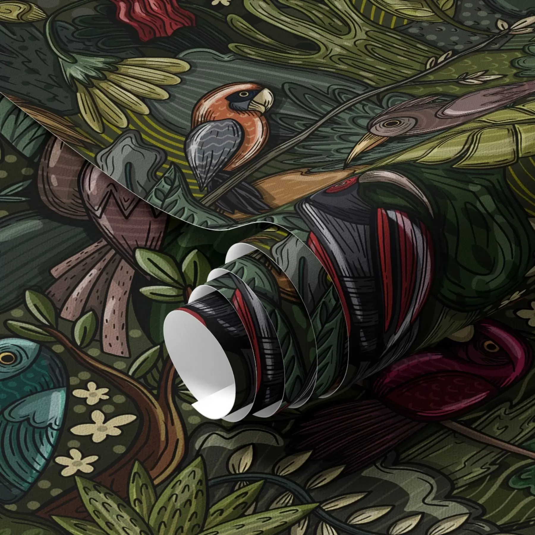 Wall Mural Photo Wallpaper Exotic birds in the jungle in the style of an engraving a00157