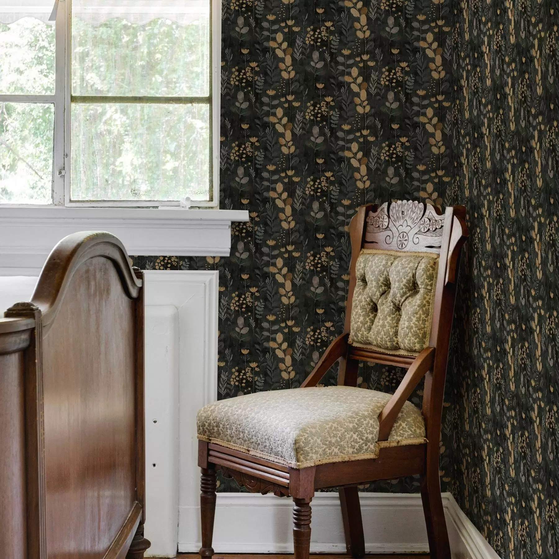 murales Estampado floral en tonos grises y amarillos a00163