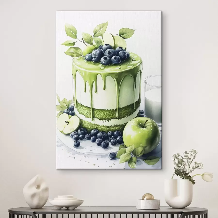 murales Tarta de matcha con arándanos y manzanas, estilo acuarela s44304