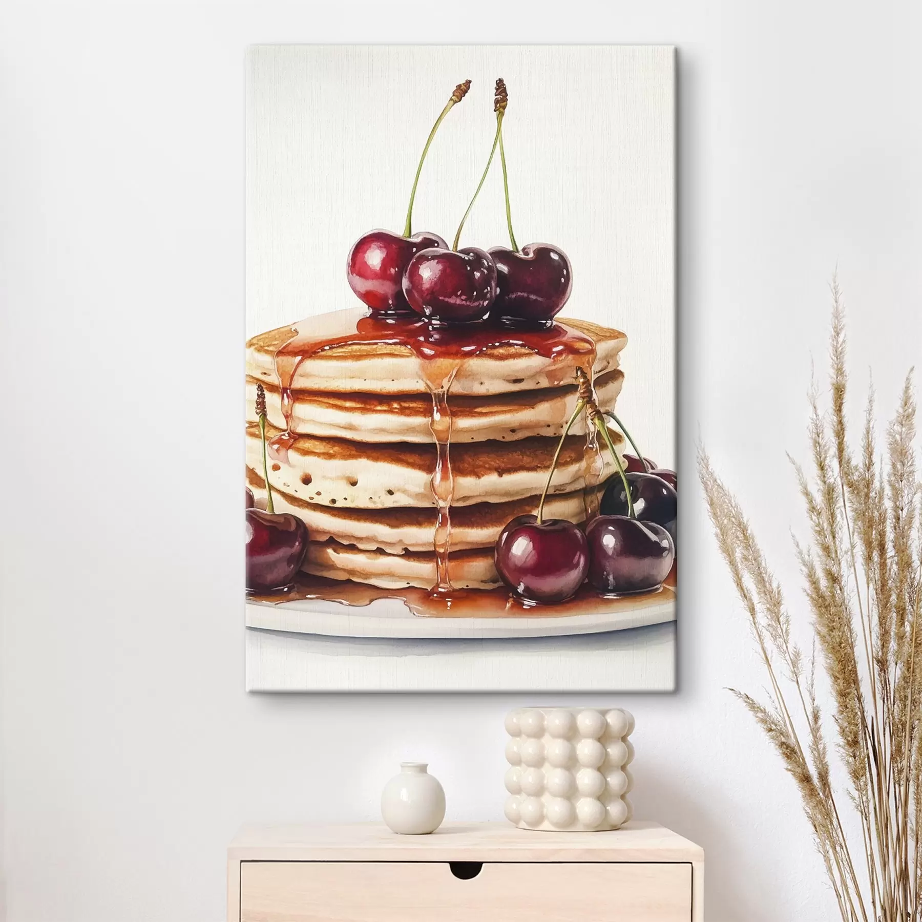 murales Deliciosas tortitas con cerezas y sirope, estilo acuarela s44305