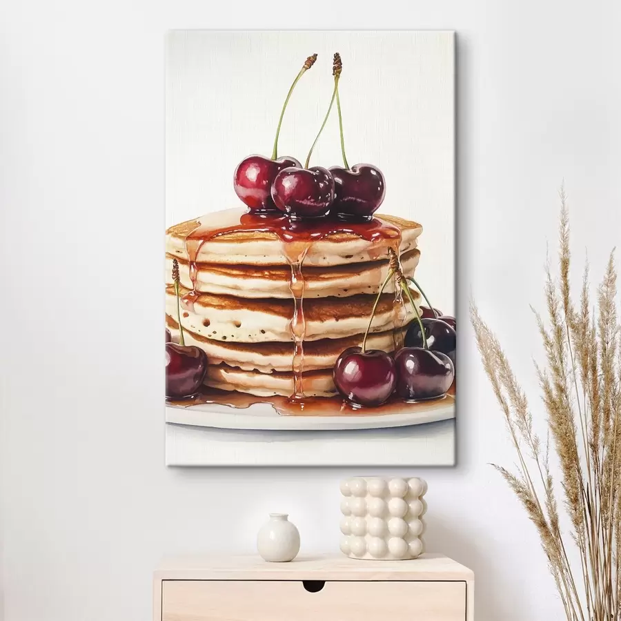 wall murals Delicious pancakes with cherries and syrup, watercolor style s44305